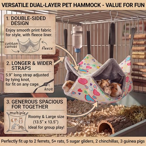 petonfun 2 Pack Ferret Rat Hammock for Cage,Large Sugar Glider Pouch Guinea Pig Bed,Pet Toys and Accessories Set for Play,Hanging Small Animal Tubes & Tunnels for Chinchilla Squirrel Hide, Grey Heart