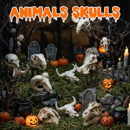 Exasinine 16 Pcs Mini Resin Animal Skull Heads Figurines 1.5 Inch Mini Skulls Figurines Highly Detailed Miniature Animal Skull for Halloween Crafts Gothic Decor Terrarium Micro Landscape Decor