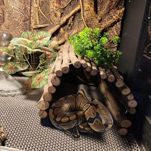 Hamiledyi Extra Large Tortoise Hide Reptile Hiding Cave Turtle Hut Gecko Hideaway Climbing Tunnel Toy Lizard Bendable Wooden Bridge for Adult Bearded Dragon Snake Chameleon Habitat Accessories