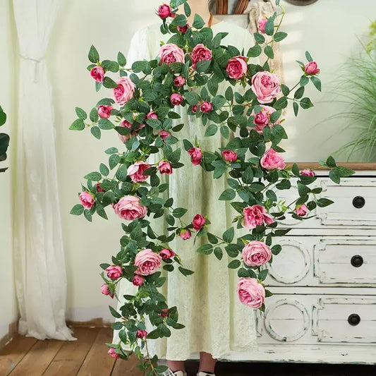 5.7FT Artificial Rose Floral Vines, Vine Wall-Mounted Plants, Decorative Flower Pipe Cover for Outdoor Garden, Faux Rose Vine Decoration, Bendable Wreath Garland for Home Weddings Party (Pink, 1Pcs) - color: Pink, 1pcs
