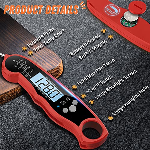 Instant Read Meat Thermometer for Grill and Cooking, Fast & Precise Digital Food Thermometer with Backlight, Magnet, Calibration, and Foldable Probe for Kitchen, Outdoor Grilling and BBQ!… - color: Red - Black