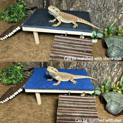 Wooden Bearded Dragon Platform Reptile Basking Platform Climbing with Slate Stone Tank Accessories for Leopard Gecko Lizard Tortoise Snake (Large Applewood) - size: Large(B)