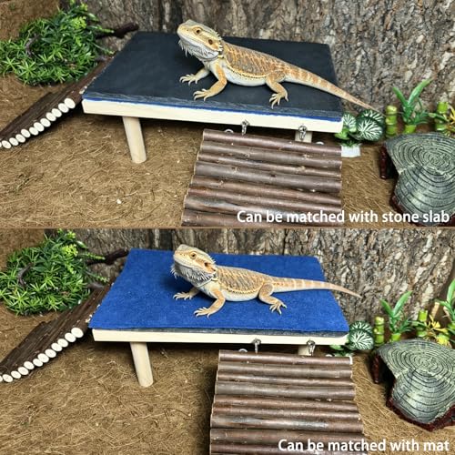 Wooden Bearded Dragon Platform Reptile Basking Platform Climbing with Slate Stone Tank Accessories for Leopard Gecko Lizard Tortoise Snake (Medium Applewood) - size: medium(B)