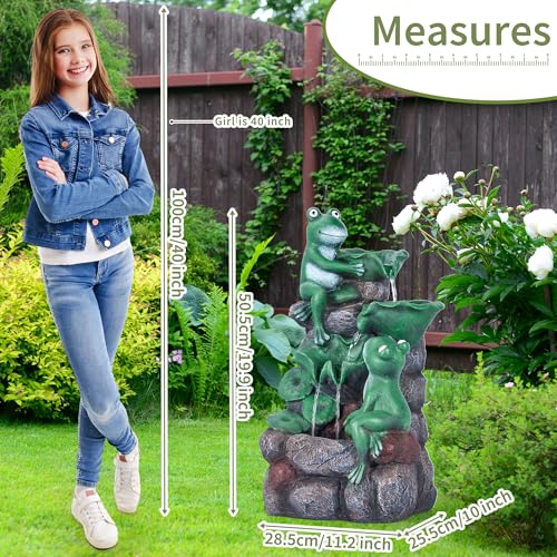 HPC Decor Outdoor 4-Tier Frog Waterfall Fountain with LED Lights for Garden, Patio, Yard, and Porch Décor, 19.9" H (Green)