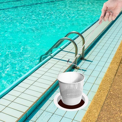 lasuroa 2pcs Swim Skimmer Basket Hook, 13.78in Long Stainless Steel Skimmer Basket Extension Handle Skimmer Lid Lifting Debris Removal Tool for Pool Maintenance Knee Saver & Hand Clean