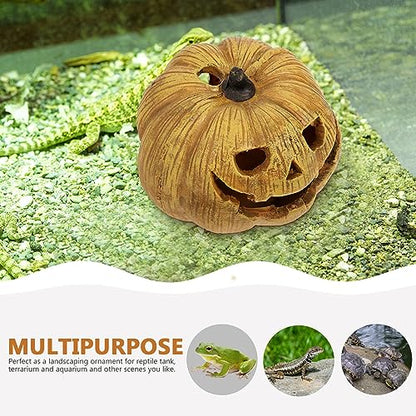 POPETPOP Pumpkin Reptile Hideout Lifelike Resin Cave for Tortoise Reptile Shelter Aquarium Decoration Halloween-Themed Box for Lizards Snakes