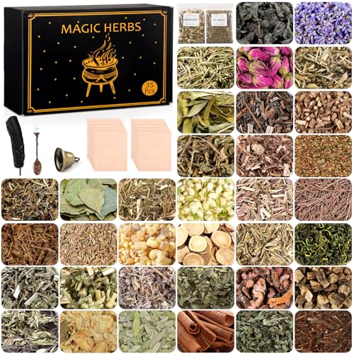 35Pcs Dried Herbs for Witchcraft Supplies, Dried Herb Kit for Witch Beginner, Wiccan, Wicca Altar Supplies, Magic Ritual and Spell, Candle and Soap Making, with Witchy Bell and More - style: 35 Herbal Bags