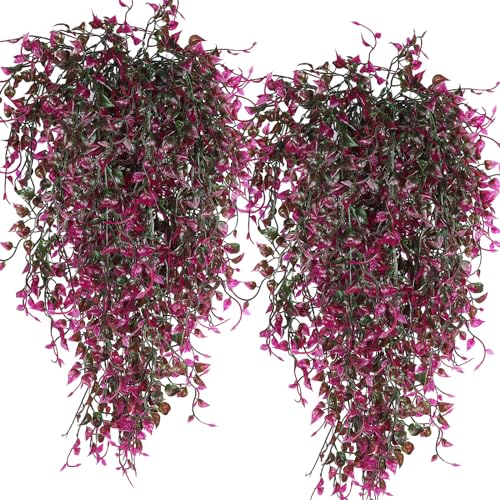 RECUTMS Artificial Hanging Plants 4pcs 33Inch Faux Eucalyptus Leaves Ivy Swag Plant UV Resistant Fake Plastic Greenery Indoor Outdoor Home Garden Office Christmas Xmas Party Spring Decor(Purple Red) - color: Red Ivy
