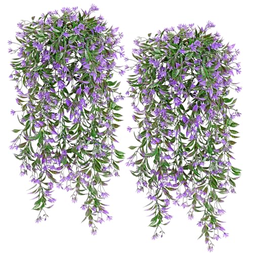 TOCHGREEN 4Pcs Artificial Hanging Plants Fern Vine, Faux Plastic Plants Fake Ivy Vine Greenery Garland with Purple Flower, Outdoor Indoor Decorations for Living Room Balcony Garden Wall Home Decor