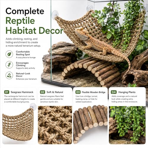HERCOCCI Bearded Dragon Tank Accessories, Reptile Mat Bridge Hammock Flexible - Jungle Climbing Vines and Leaves with Suction Cups Habitat Décor for Hiding& Climbing Snake Gecko Lizard Chameleon