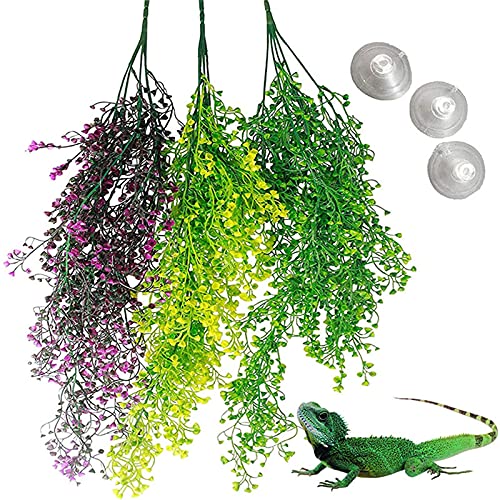 3pcs Reptile Plants Artificial Hanging Plants Fake Vines Climbing Terrarium Plant with Suction Cup Wall Decoration for Outdoor Indoor Lizards Geckos