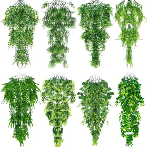 Suncalla 8 Pack Reptile Plants Terrarium Hanging Plant Vine Boston Climbing Terrarium Plant with Suction Cup for Bearded Dragons Lizard Crested Gecko Snake Crab Tank(Lush Series,Multiple Green) - style: Lush Series