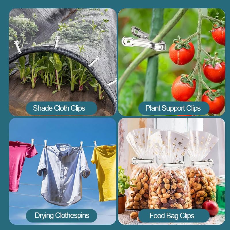 20PCS Garden Clips, 2 inch Stainless Steel RustProof Greenhouse Clamps with Strong Grip, Windproof Durable Gardening Clip Supplies for Netting Tarp Shade Cloth Plant Cover Garden Hoops, Silver