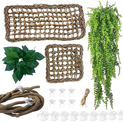 Bearded Dragon Tank Hammock,Natural Seagrass Reptile Lounger Hammocks Decor Flexible Leaves Jungle Climber Vines Habitat Accessories for Lizard Chameleon Gecko Snakes(5 PCS)