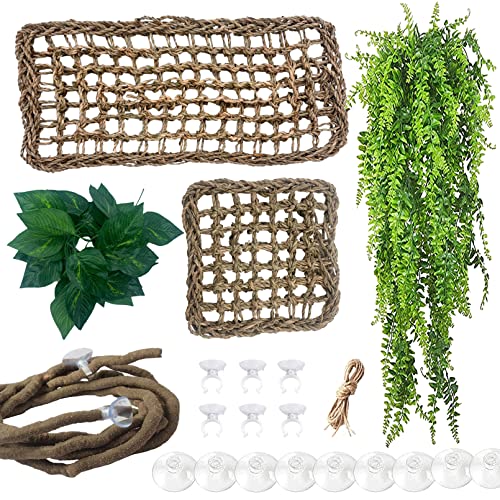 Bearded Dragon Tank Hammock,Natural Seagrass Reptile Lounger Hammocks Decor Flexible Leaves Jungle Climber Vines Habitat Accessories for Lizard Chameleon Gecko Snakes(5 PCS)