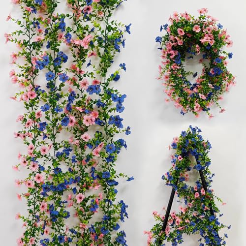 4 Pcs Faux Flowers Garland Plant, Artificial Vines Hanging Flowers Leaves Greenery Garland for Wedding Backdrop Arch Wall Decor, 6 Feet/pcs UV Resistant Indoor Outdoor - color: Pink + Blue