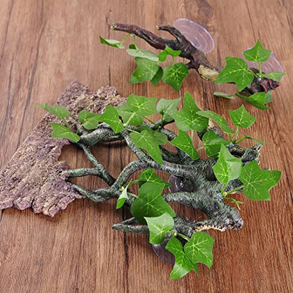 IBWell Resin Reptile Corner Branch with Rock, Amphibian Lizard Snake Climbing Ornament, Lifelike Terrarium Plant Decoration with Suction Cup - style: vines
