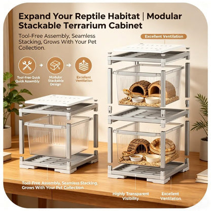 2-Tier Stackable Reptile Terrarium, Pull-Out Sliding Drawer, 13.2 x 15.5 x 17.9 Inches Reptile Enclosure with Aluminum Frame, Transparent Breeding Tank for Snake, Lizard, Gecko, Small Pet