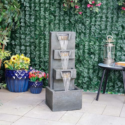 Alpine Corporation TZL406 33" 3 Tier Basin Cascading Fountain with LED Lights, Outdoor Water Feature for Garden, Patio, Backyard & Home Decor, Elegant Waterfall Design, Gray - style: 33"H - Gray 4-Tier w/ LEDs