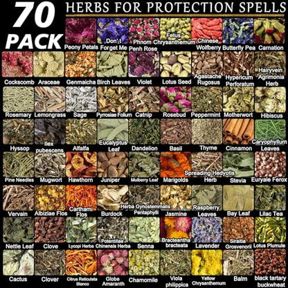 70pack Witchcraft Supplies Herbs Kit, Dried Flowers for Witch Beginner, Bulk Herb Gift Set for Wicca, Pagan, Wiccan Rituals, Magic Spell, Altar Supplies Healing Natural Herbal for Candle Soap Making