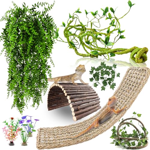 RUNANIA Bearded Dragon Tank Accessories, 10 PCS Reptile Hammock Plants Bridge Jungle Climber Vines for Snakes Bearded Dragon Chameleon Gecko Lizard - color: 10 Pcs