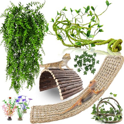 RUNANIA Bearded Dragon Tank Accessories, 10 PCS Reptile Hammock Plants Bridge Jungle Climber Vines for Snakes Bearded Dragon Chameleon Gecko Lizard - color: 10 Pcs