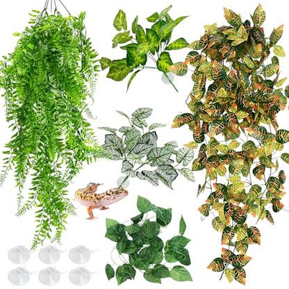 Hamiledyi 5 Pcs Reptile Plants Terrarium Hanging Fake Plant Leaves, Bearded Dragon Tank Accessories, Habitat Decor for Snake Leopard Gecko Lizard Chameleon Spider Turtle (Style 3) - size: 5 PCS - Style 3