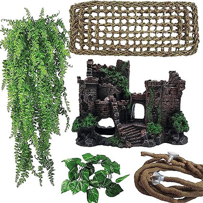 5 PCS Tank Accessories for Bearded Dragon Include Resin Classical Castle Reptile Climb Habitat Decor Hanging Jungle Vines Flexible Leaves Climbing Decor for Lizard Gecko Chameleon Spider