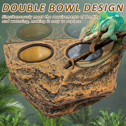 Reptile Feeding Ledge, Magnetic Crested Gecko Feeding Ledge,Plastic Reptile Food Water Dish,Removable Double Bowl Gecko Feeder Ledge with 4Pcs Cups Crested Gecko Feeding Bowls for Lizard Crested Gecko