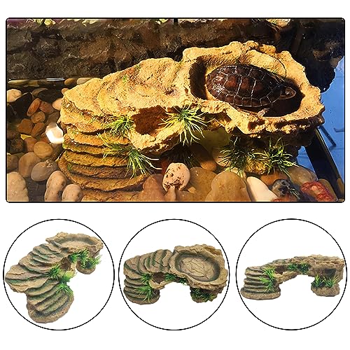 Hamiledyi Large Turtles Basking Platform 3Pcs Resin Bearded Dragons Climbing Step Ramp Tortoise Resting Dock Rock Hideout with Feeder Bowls for Reptile Lizards Chameleons Geckos Frogs Newts Snakes