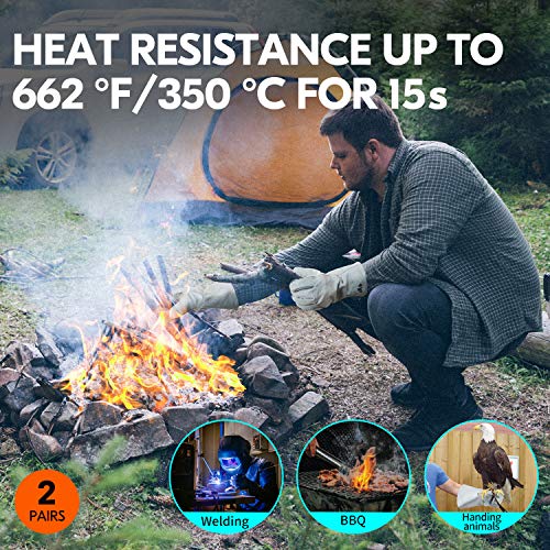 Vgo... 13.5 Inches Welding Gloves Heat/Fire Resistant Leather For Mig,Tig,Wood Stove,Animal handling,Forge,BBQ,Grill for Mens Womens(2 Pairs,White,CB6501)