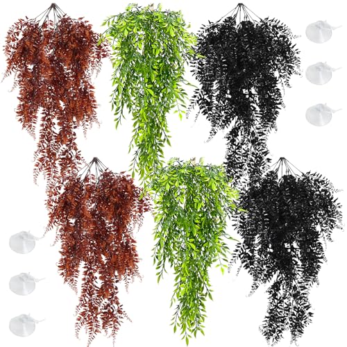 Hamiledyi Reptile Plants Hanging Terrarium Plants 6 Pack Fake Artificial Leaves with Suction Cup for Snake, Lizard, Chameleon (Red & Green & Black) - color: 2 Pcs Black +2 Pcs Red + 2 Pcs Green Reptile Plants