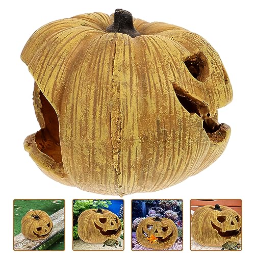 POPETPOP Pumpkin Reptile Hideout Lifelike Resin Cave for Tortoise Reptile Shelter Aquarium Decoration Halloween-Themed Box for Lizards Snakes
