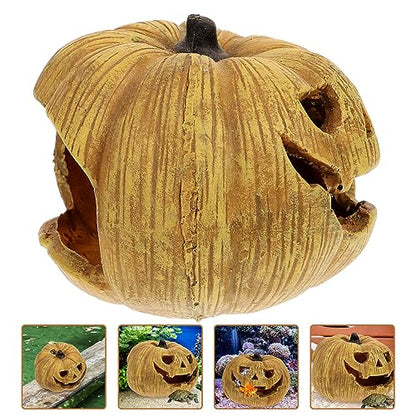 POPETPOP Pumpkin Reptile Hideout Lifelike Resin Cave for Tortoise Reptile Shelter Aquarium Decoration Halloween-Themed Box for Lizards Snakes