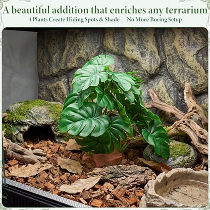 Suncalla 4 Pack Reptile Plants for Terrarium Decor, Snake Tank Accessories, Amphibian Habitat Decor, and Artificial Plants with Base for Bearded Dragon, Gecko, Lizard, Chameleon(Monstera Deliciosa) - style: Monstera Deliciosa