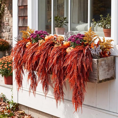 Daifunli 12 Pcs Artificial Fall Hanging Plants Fake Hanging Ferns Plastic Autumn Faux Plants for Wall Room Garden Garland Indoor Outdoor Decor No Basket (Fall Boston =) - style: Fall Boston