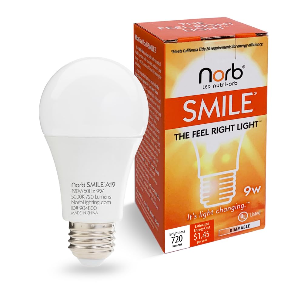 Norb NorbSMILE Full Spectrum Light Bulb | A19 LED Bulb & 9W 720 Lumens | 5000K Daylight White, CRI 96/97 & Dimmable E26 Base | Boosts Energy, Mood & Supports Circadian Rhythm | US Patented - style: Smile 9W (1 Pack)