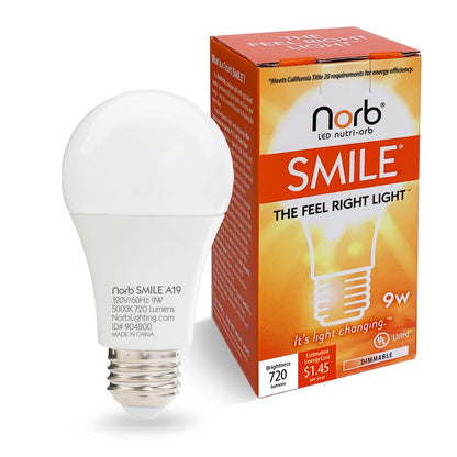 Norb NorbSMILE Full Spectrum Light Bulb | A19 LED Bulb & 9W 720 Lumens | 5000K Daylight White, CRI 96/97 & Dimmable E26 Base | Boosts Energy, Mood & Supports Circadian Rhythm | US Patented - style: Smile 9W (1 Pack)