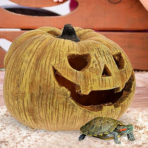 POPETPOP Pumpkin Reptile Hideout Lifelike Resin Cave for Tortoise Reptile Shelter Aquarium Decoration Halloween-Themed Box for Lizards Snakes