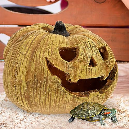 POPETPOP Pumpkin Reptile Hideout Lifelike Resin Cave for Tortoise Reptile Shelter Aquarium Decoration Halloween-Themed Box for Lizards Snakes