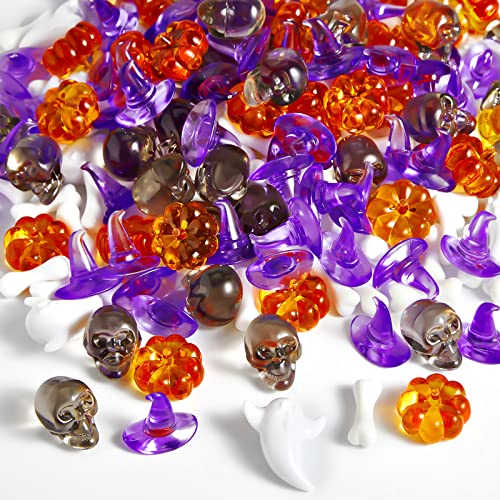 Deekin 240 Pcs Mini Skull Head Mini Pumpkin Acrylic Embellishment Set, Small Table Scatter Vase Filler Resin Ornaments Witch Hat Skeleton Bone Ghost Scrapbooking Thanksgiving Fall Autumn Party