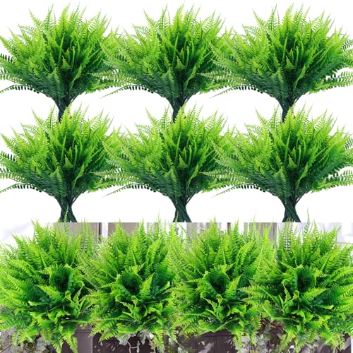 summer flower 10pack Fake Fern Plants Faux Boston Ferns UV Resistant Greenery for Outdoor Front Porch Filler Garden Party Artificial Ferns Stems for Indoor Home Hanging Planter Window Box Decorations - color: Fern-10