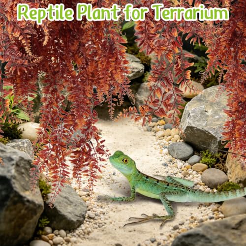 Hamiledyi Reptile Plants Hanging Terrarium Plants 4 Pack Fake Artificial Leaves with Suction Cup for Snake, Lizard, Chameleon (Red) - color: 4 Pcs Red Reptile Plants