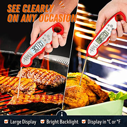 Digital Meat Thermometer, Waterproof Instant Read Food Thermometer for Cooking and Grilling, Kitchen Gadgets, Accessories with Backlight & Calibration for Candy, BBQ Grill, Liquids, Beef, Turkey… - color: Red - Sliver