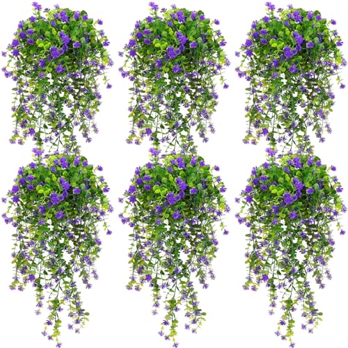 Hotop 6 Pcs Ferns Artificial Hanging Plants Vine Hanging Fake Plants Faux Ferns Indoor Outdoor Ivy Wall Decor Greenery Vine with Flower for Room Wedding Fall Decoration(Purple) - color: Purple, Green