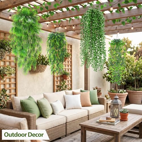 Daifunli 12 Pcs Artificial Hanging Plants Fake Hanging Ferns Plastic Fake Plant for Wall Room Garden Garland Indoor Outdoor Decor No Basket (Palm,Mandala,String of Pearls,Maple Leaf) - style: Palm, Mandala, String of Pearls, Maple Leaf