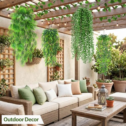 Daifunli 12 Pcs Artificial Hanging Plants Fake Hanging Ferns Plastic Fake Plant for Wall Room Garden Garland Indoor Outdoor Decor No Basket (Palm,Mandala,String of Pearls,Maple Leaf) - style: Palm, Mandala, String of Pearls, Maple Leaf