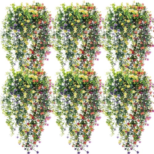 Hotop 6 Pcs Ferns Artificial Hanging Plants Vine Hanging Fake Plants Faux Ferns Indoor Outdoor Ivy Wall Decor Greenery Vine with Flower for Room Wedding Fall Decoration(Mixed Colors) - color: Mixed Colors