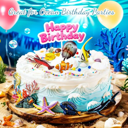 Sea Animals Toys Figures 21Pcs, Plastic Marine Creature Shark Fish Starfish Crab Lobster Octopus Seahorse Coral Jellyfish Ocean Life for Kids Birthday Party Favor Cake Decoration - style: Sea