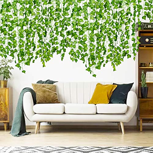 DearHouse 84 Feet 12 Strands Artificial Ivy Leaf Plants Vine Hanging Garland Fake Foliage Flowers Home Kitchen Garden Office Wedding Wall Decor, Green - size: 84 Feet